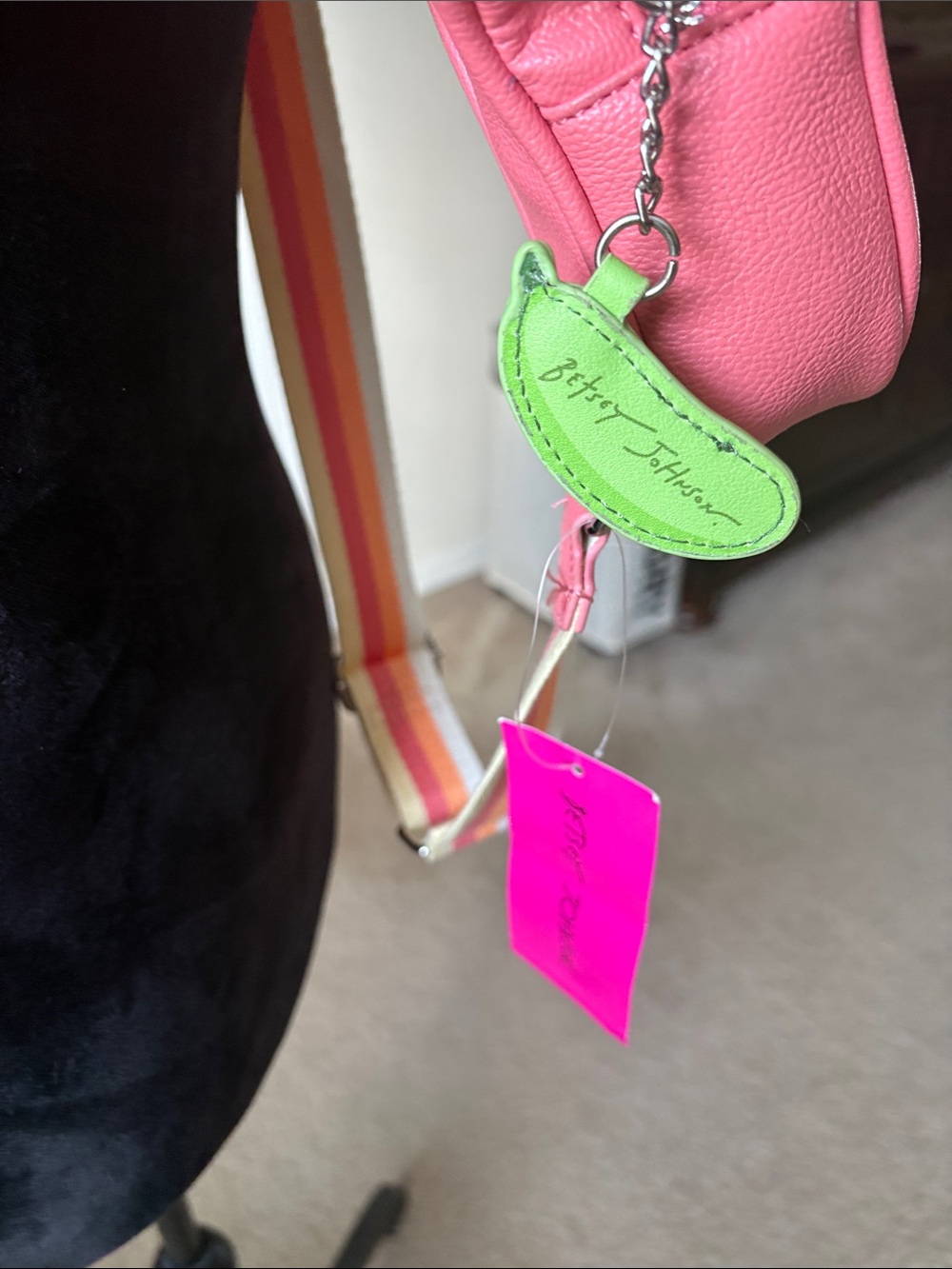 Betsey Johnson Pink & Green Pickleball Paddle Crossbody Bag with Striped Strap - Picture 5 of 8